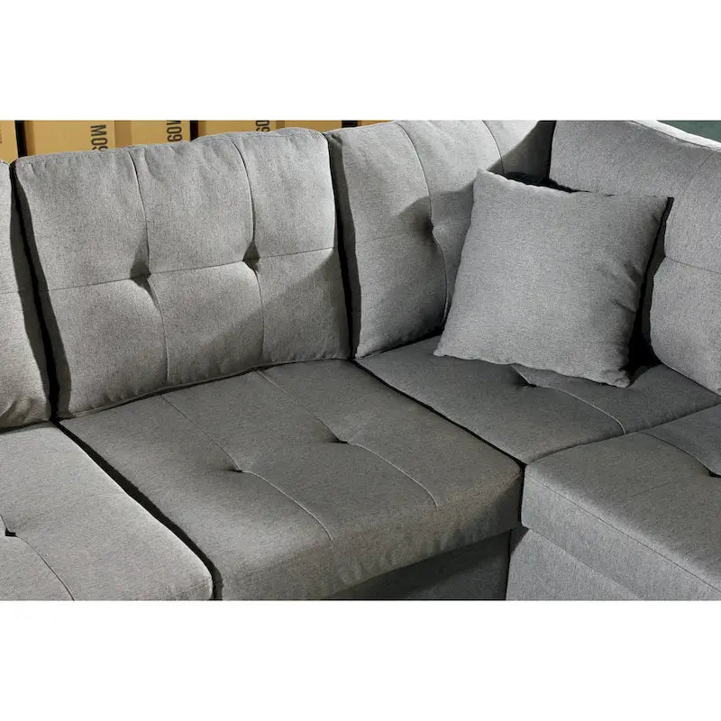 Set divano per soggiorno con chaise longue sinistra in similpelle e pouf contenitore