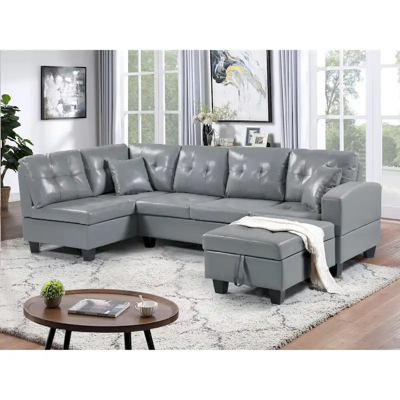 Set divano per soggiorno con chaise longue sinistra in similpelle e pouf contenitore