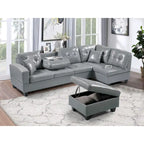 Set divano per soggiorno con chaise longue sinistra in similpelle e pouf contenitore