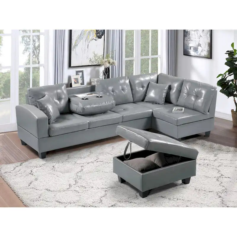 Set divano per soggiorno con chaise longue sinistra in similpelle e pouf contenitore