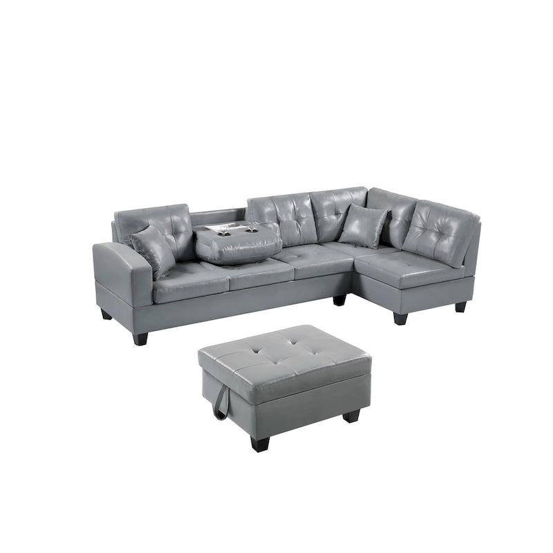 Set divano per soggiorno con chaise longue sinistra in similpelle e pouf contenitore