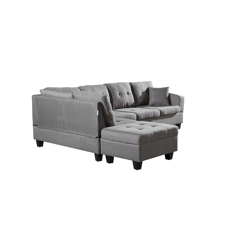 Set divano per soggiorno con chaise longue sinistra in similpelle e pouf contenitore