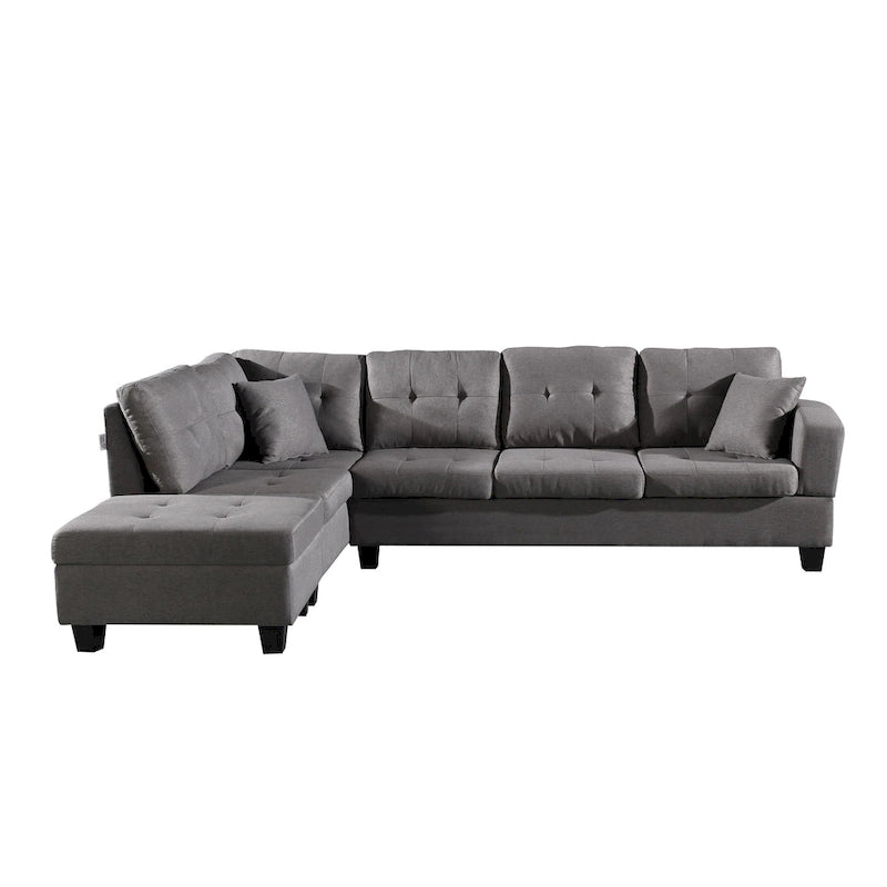 Set divano per soggiorno con chaise longue sinistra in similpelle e pouf contenitore