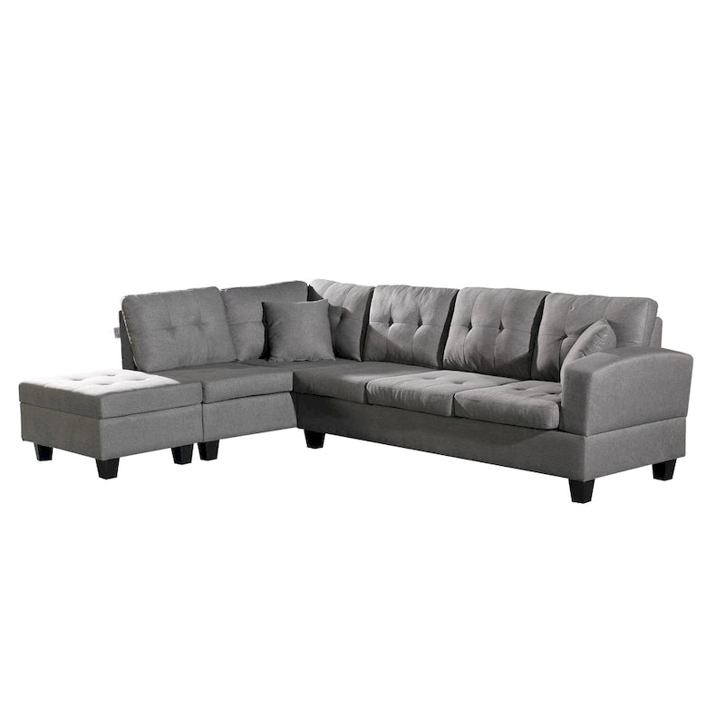 Set divano per soggiorno con chaise longue sinistra in similpelle e pouf contenitore