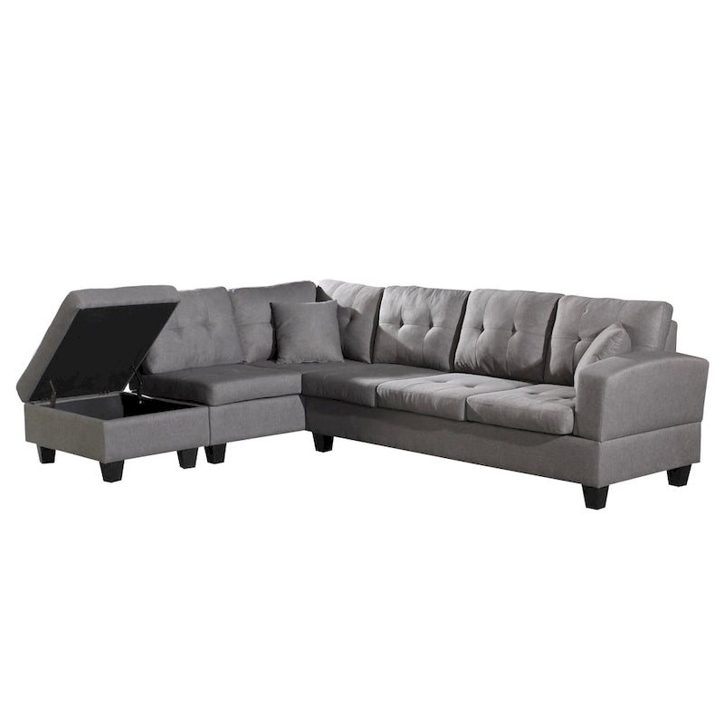 Set divano per soggiorno con chaise longue sinistra in similpelle e pouf contenitore