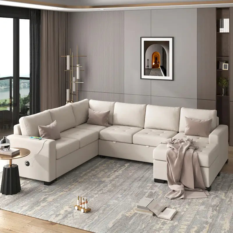 Divano letto componibile a sezione a U con letto estraibile e poltrona, interfacce USB e Type-C, adatto per soggiorno, ufficio,