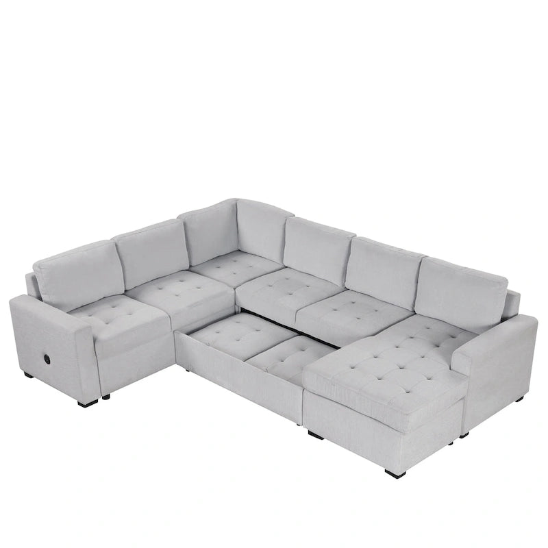 Divano letto componibile a sezione a U con letto estraibile e poltrona, interfacce USB e Type-C, adatto per soggiorno, ufficio,