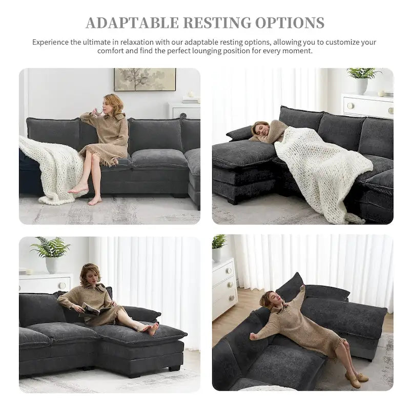 [VIDEO provided][New]118*55 Canapé moderne en chenille en forme de L avec double coussin d'assise, meubles d'intérieur rembourrés à 5 places, S