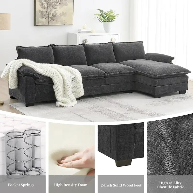 [VIDEO provided][New]118*55 Canapé moderne en chenille en forme de L avec double coussin d'assise, meubles d'intérieur rembourrés à 5 places, S