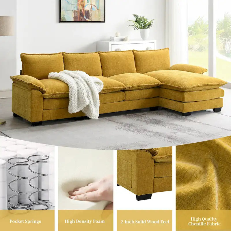 [VIDEO provided][New]118*55 Canapé moderne en chenille en forme de L avec double coussin d'assise, meubles d'intérieur rembourrés à 5 places, S