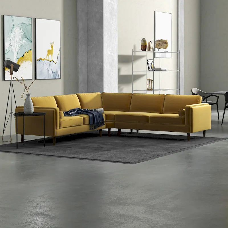 Divano angolare simmetrico Flavio Mid Century in velluto color oro con cuscini posteriori sfoderabili