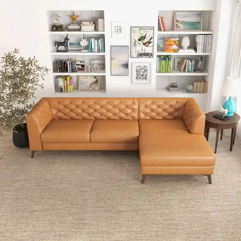 Divano ad angolo componibile Florentina Modern Chesterfield con imbottitura capitonné in pelle di qualità superiore, color cognac tan, per salotto