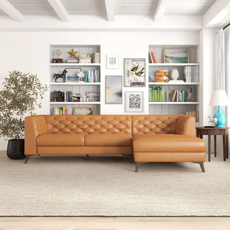 Divano ad angolo componibile Florentina Modern Chesterfield con imbottitura capitonné in pelle di qualità superiore, color cognac tan, per salotto