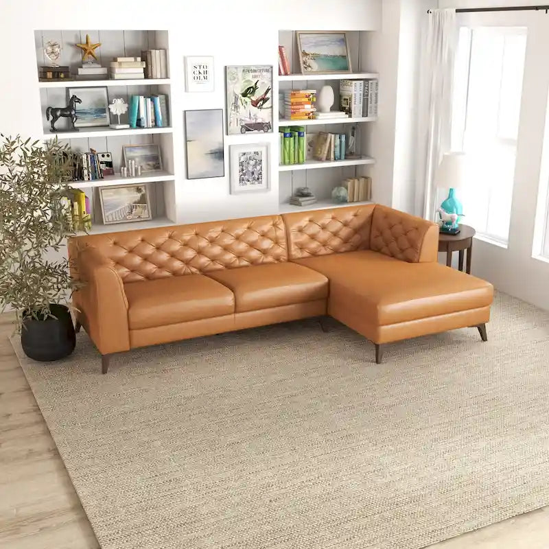 Divano ad angolo componibile Florentina Modern Chesterfield con imbottitura capitonné in pelle di qualità superiore, color cognac tan, per salotto