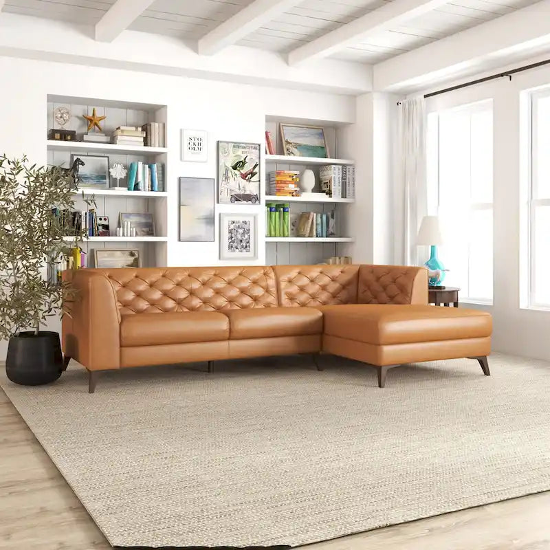 Divano ad angolo componibile Florentina Modern Chesterfield con imbottitura capitonné in pelle di qualità superiore, color cognac tan, per salotto