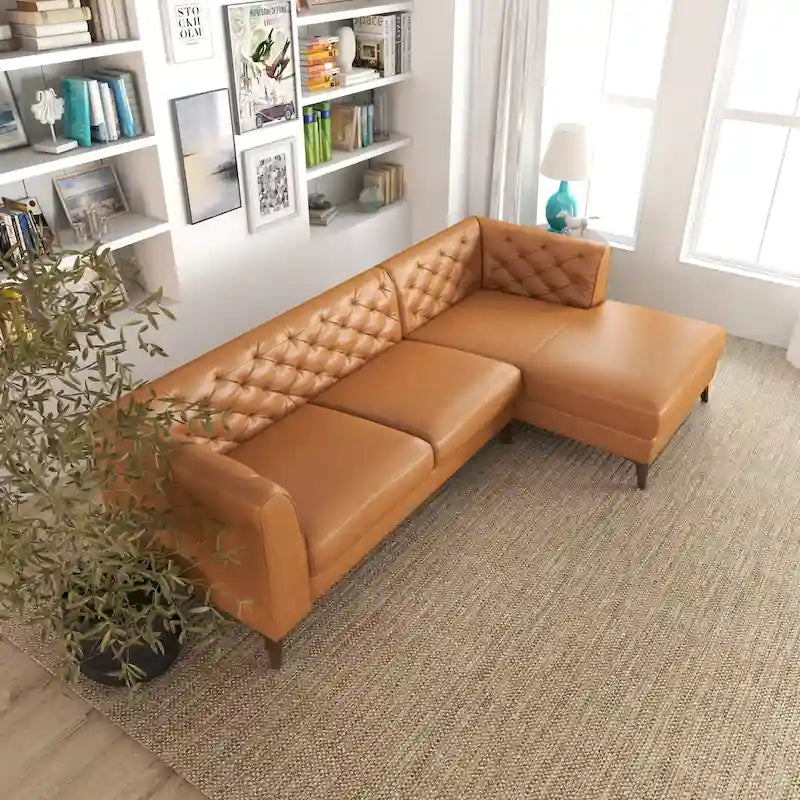 Divano ad angolo componibile Florentina Modern Chesterfield con imbottitura capitonné in pelle di qualità superiore, color cognac tan, per salotto