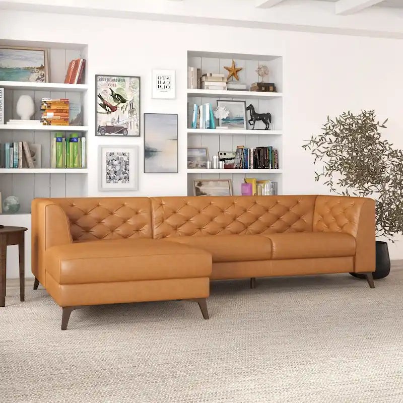 Divano ad angolo componibile Florentina Modern Chesterfield con imbottitura capitonné in pelle di qualità superiore, color cognac tan, per salotto