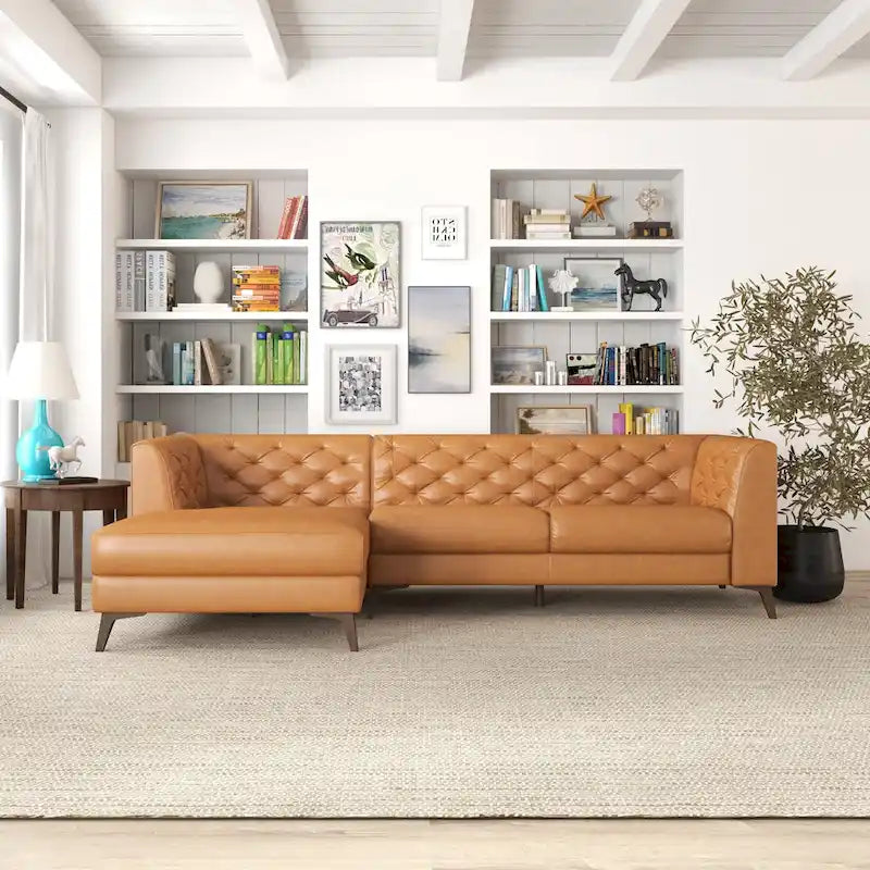 Divano ad angolo componibile Florentina Modern Chesterfield con imbottitura capitonné in pelle di qualità superiore, color cognac tan, per salotto