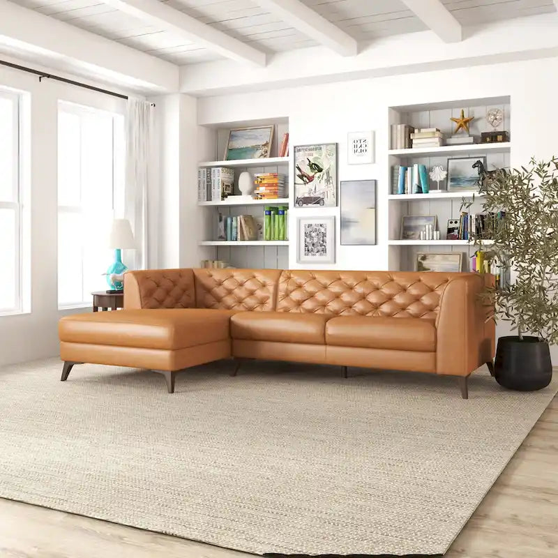 Divano ad angolo componibile Florentina Modern Chesterfield con imbottitura capitonné in pelle di qualità superiore, color cognac tan, per salotto