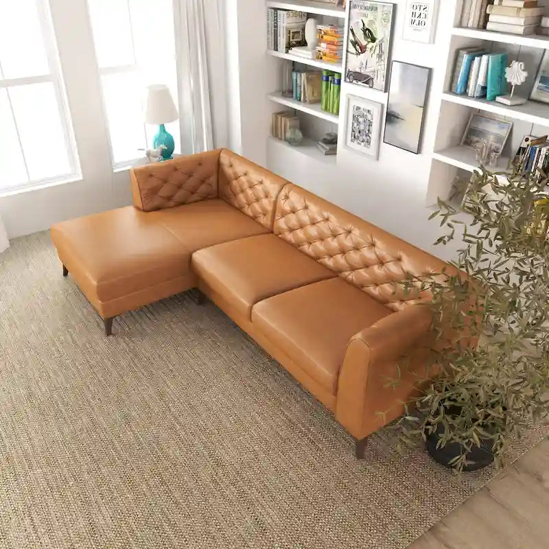 Divano ad angolo componibile Florentina Modern Chesterfield con imbottitura capitonné in pelle di qualità superiore, color cognac tan, per salotto