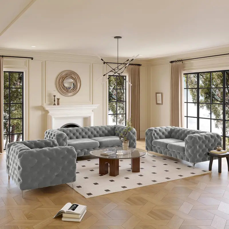 Ensemble de canapé et causeuse capitonnés en velours Chesterfield Corvus Aosta pour salon