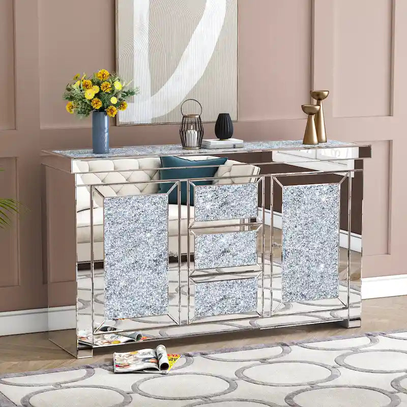 Credenza a 3 cassetti con specchio e decorazioni a forma di diamante, in stile Glam