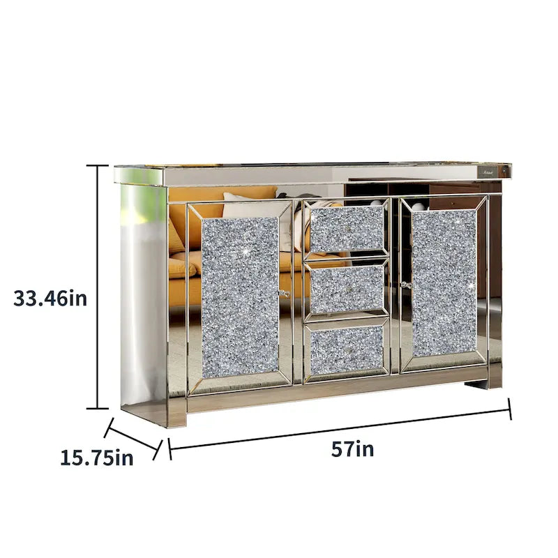 Credenza a 3 cassetti con specchio e decorazioni a forma di diamante, in stile Glam