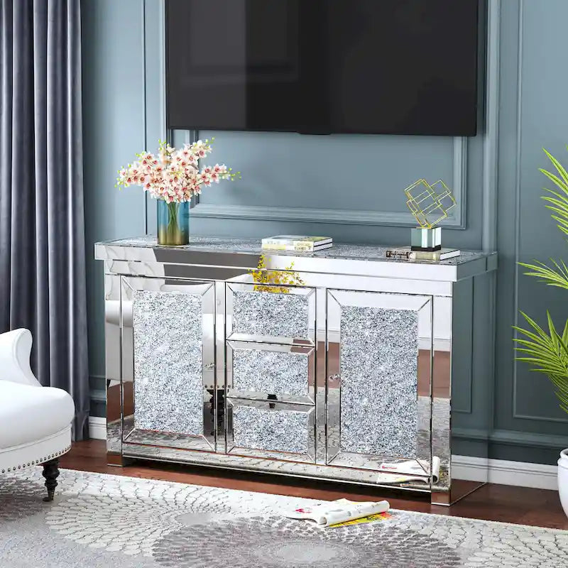 Credenza a 3 cassetti con specchio e decorazioni a forma di diamante, in stile Glam