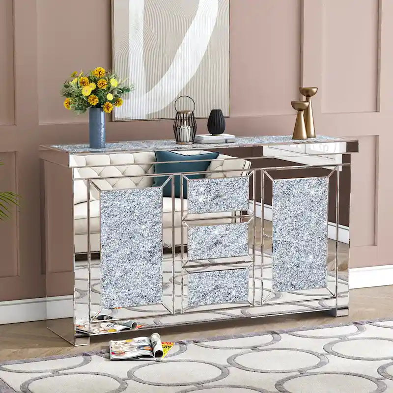 Credenza a 3 cassetti con specchio e decorazioni a forma di diamante, in stile Glam