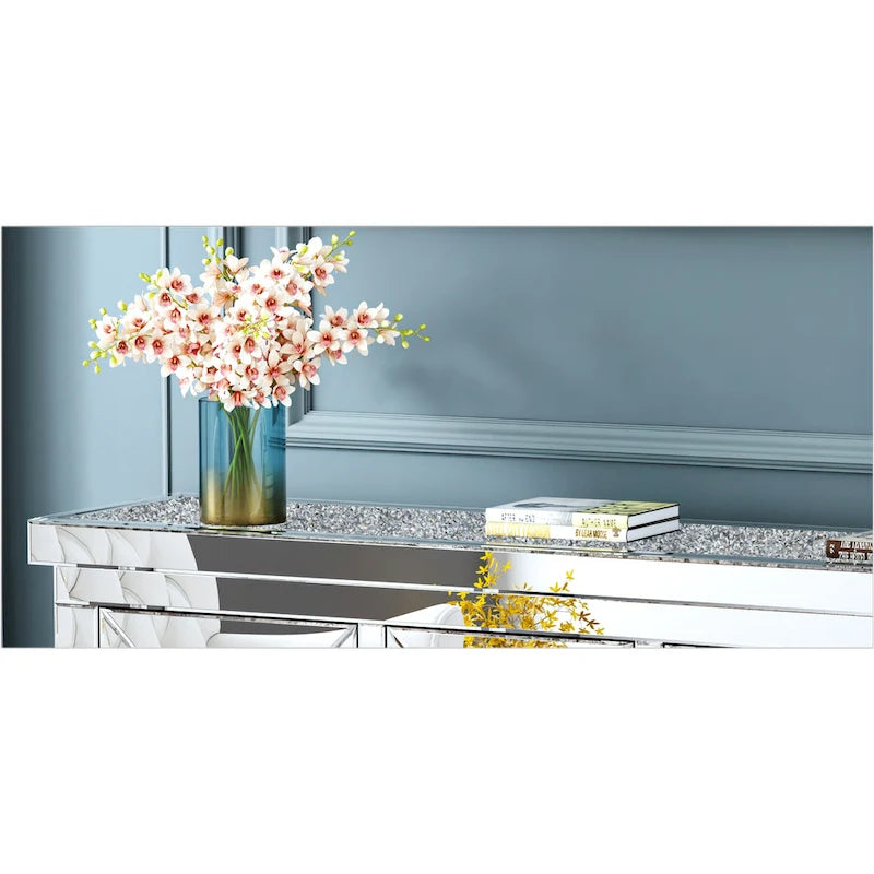 Credenza a 3 cassetti con specchio e decorazioni a forma di diamante, in stile Glam