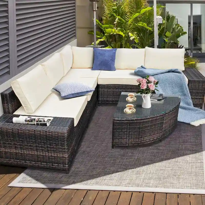 Gymax Ensemble de canapés modulaires en osier 6 pièces avec coussins blanc cassé - Voir détails