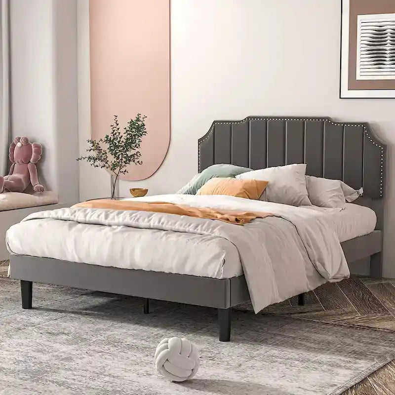 Telaio Letto Imbottito con Testiera Regolabile Rifinita con Borchie, Nessuna Rete a Molle Necessaria