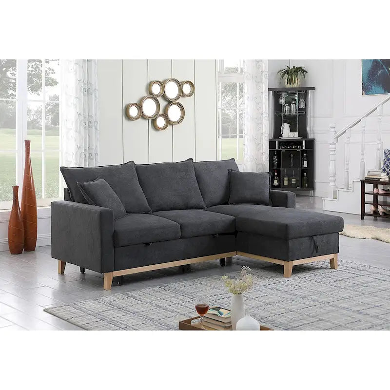 Divano sezionale letto reversibile in tessuto grigio scuro con chaise longue contenitore