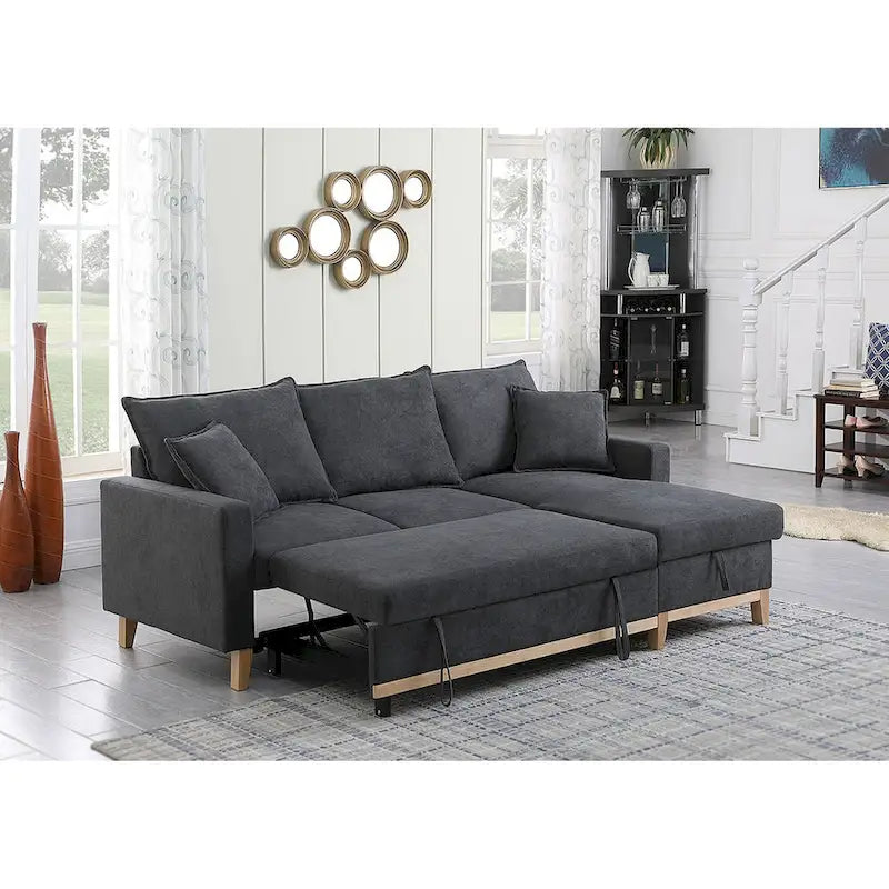 Divano sezionale letto reversibile in tessuto grigio scuro con chaise longue contenitore