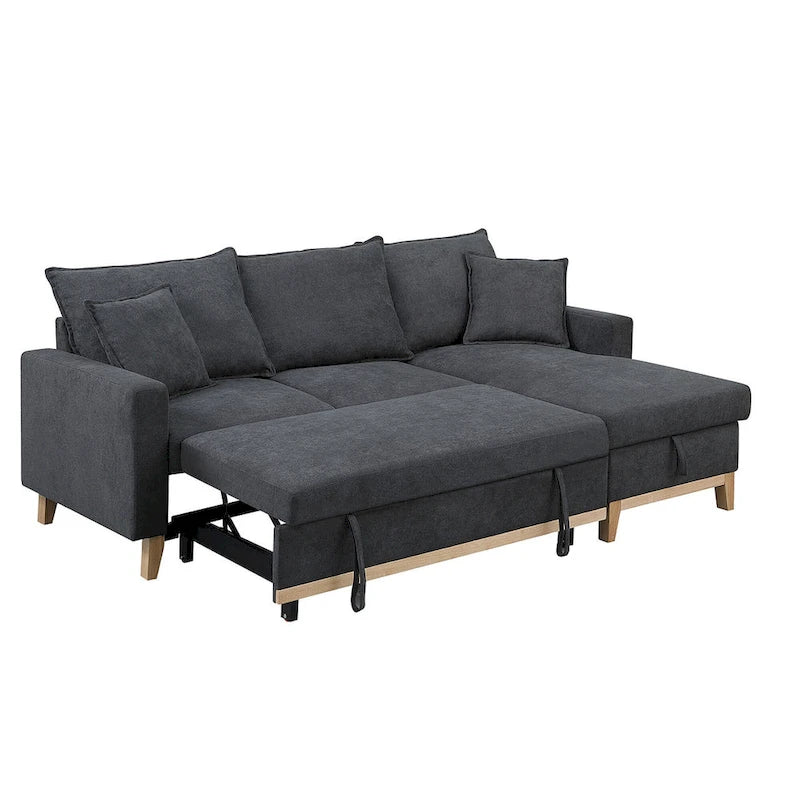 Divano sezionale letto reversibile in tessuto grigio scuro con chaise longue contenitore
