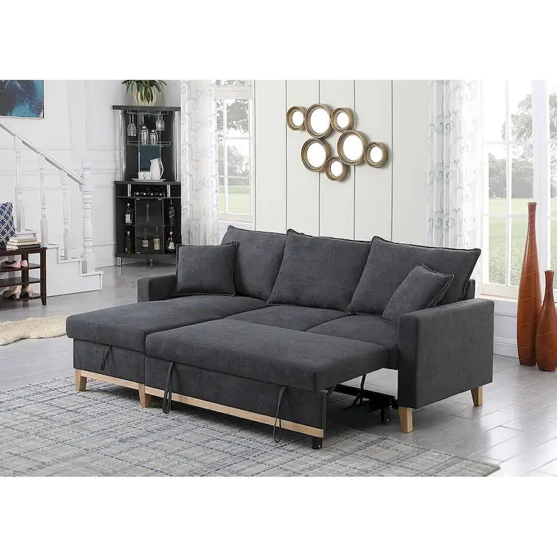 Divano sezionale letto reversibile in tessuto grigio scuro con chaise longue contenitore