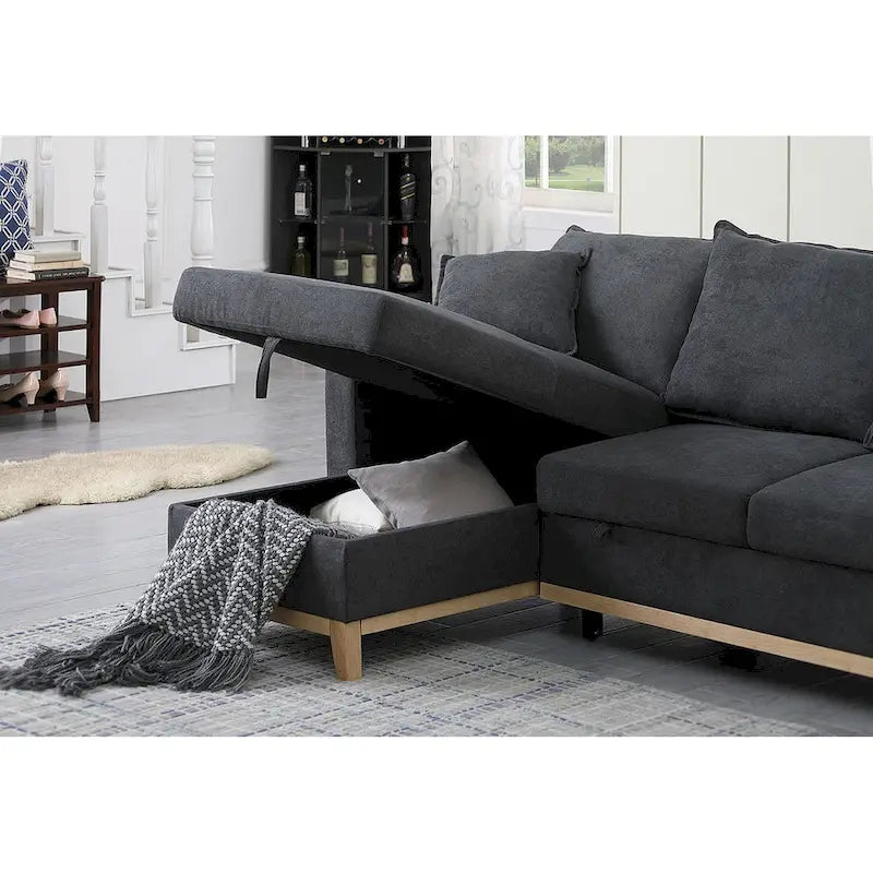 Divano sezionale letto reversibile in tessuto grigio scuro con chaise longue contenitore