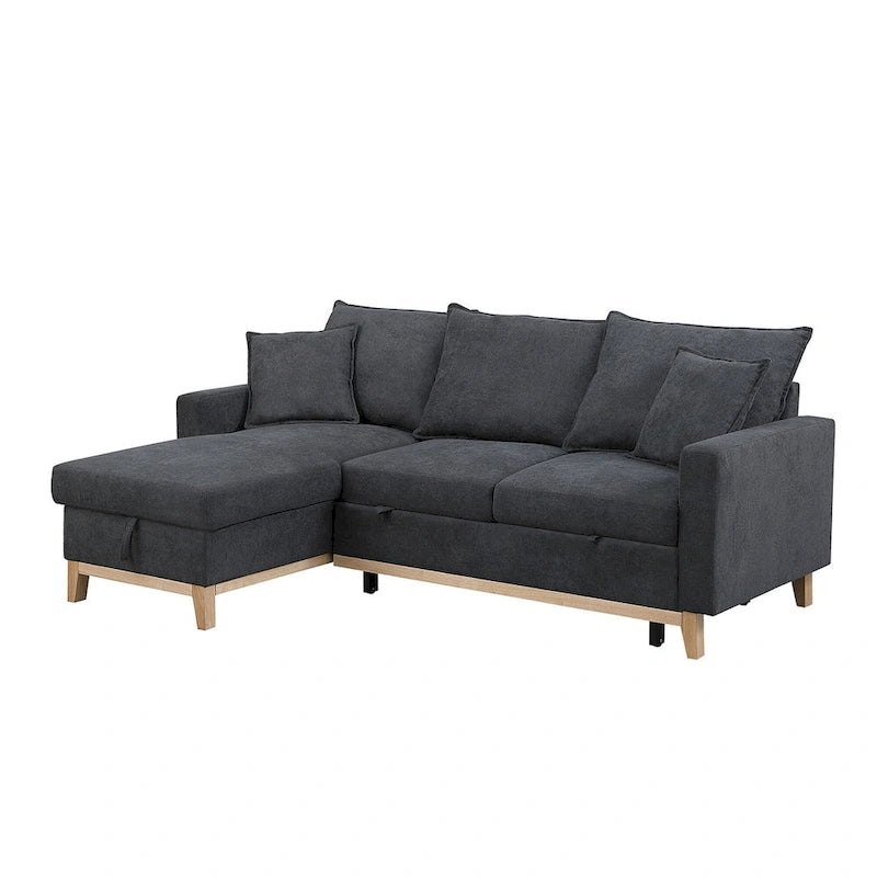 Divano sezionale letto reversibile in tessuto grigio scuro con chaise longue contenitore
