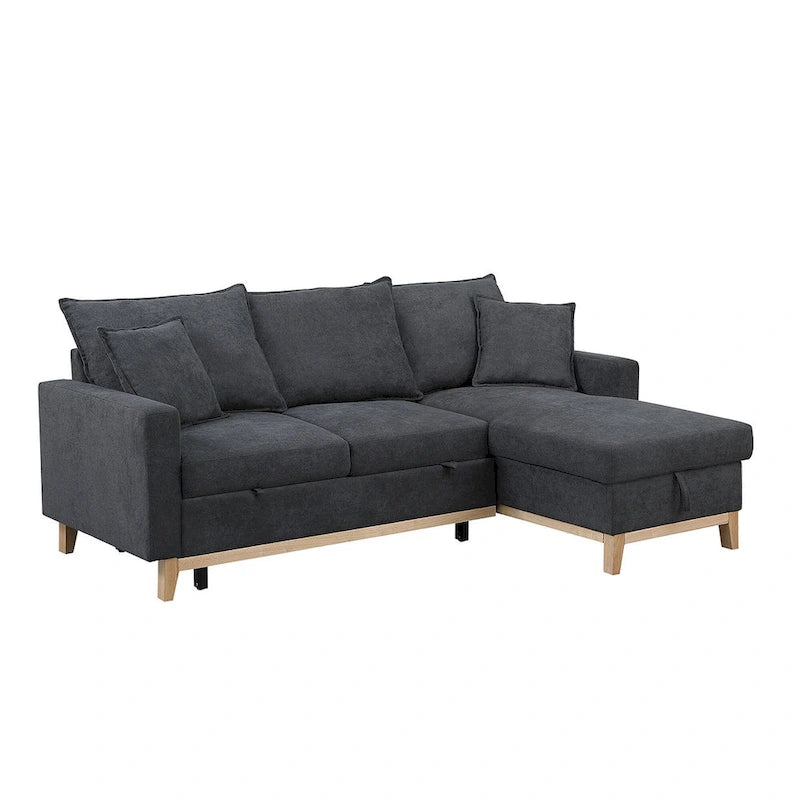 Divano sezionale letto reversibile in tessuto grigio scuro con chaise longue contenitore