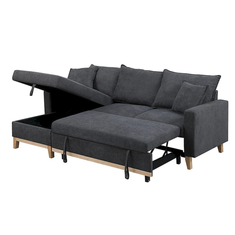 Divano sezionale letto reversibile in tessuto grigio scuro con chaise longue contenitore