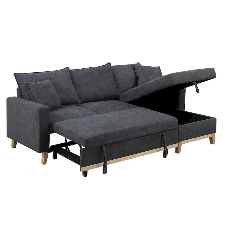 Divano sezionale letto reversibile in tessuto grigio scuro con chaise longue contenitore