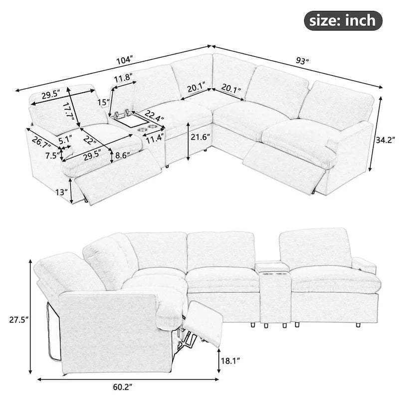 Divano angolare reclinabile elettrico 104 per home theater, divano componibile reclinabile con vano portaoggetti, portabicchieri, porte USB