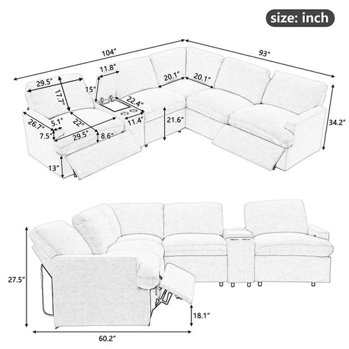 Canapé d'angle inclinable électrique 104 places, canapé inclinable de cinéma maison, canapé sectionnel avec boîte de rangement, porte-gobelets et ports USB