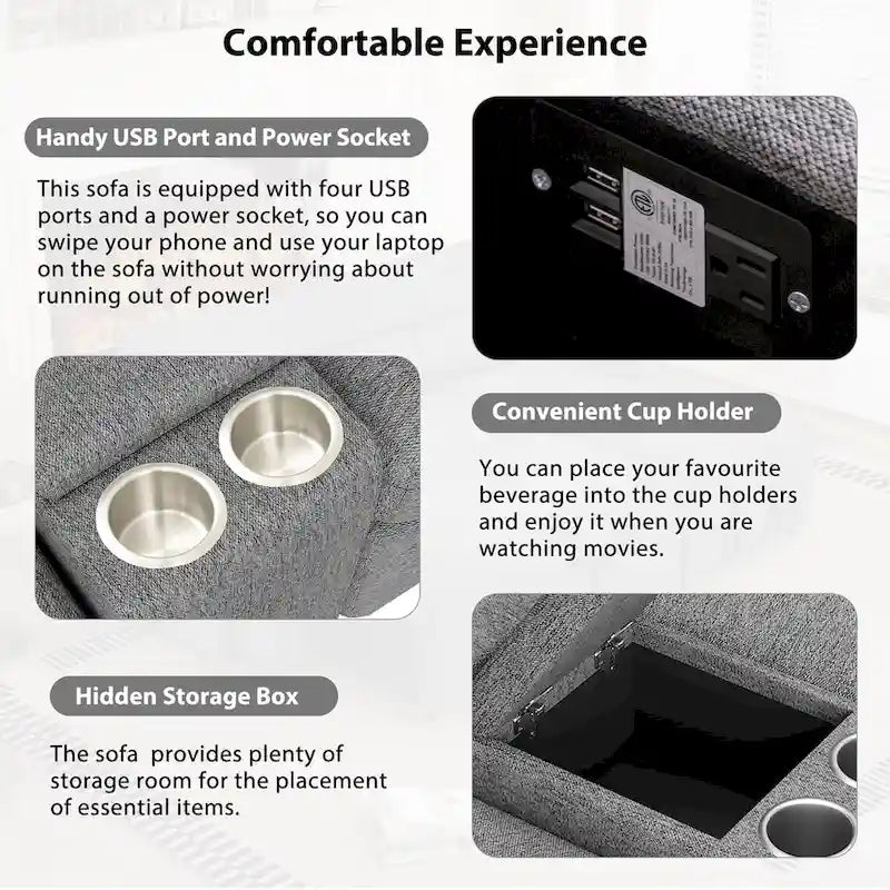 Divano angolare reclinabile elettrico 104 per home theater, divano componibile reclinabile con vano portaoggetti, portabicchieri, porte USB