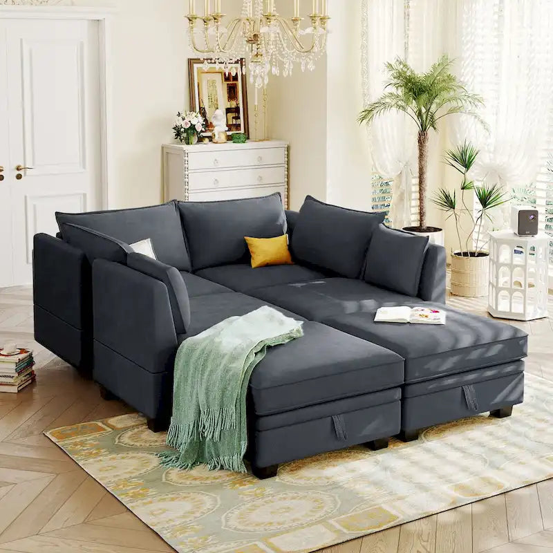 Divano modulare a U ModernU, divano letto convertibile con chaise longue reversibile per soggiorno, seduta contenitore, 6 pezzi