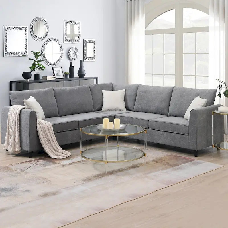 91*91 Modern Upholstered Living Room Sectional Sofa, L Shape Furniture Couch with 3 Pillows
