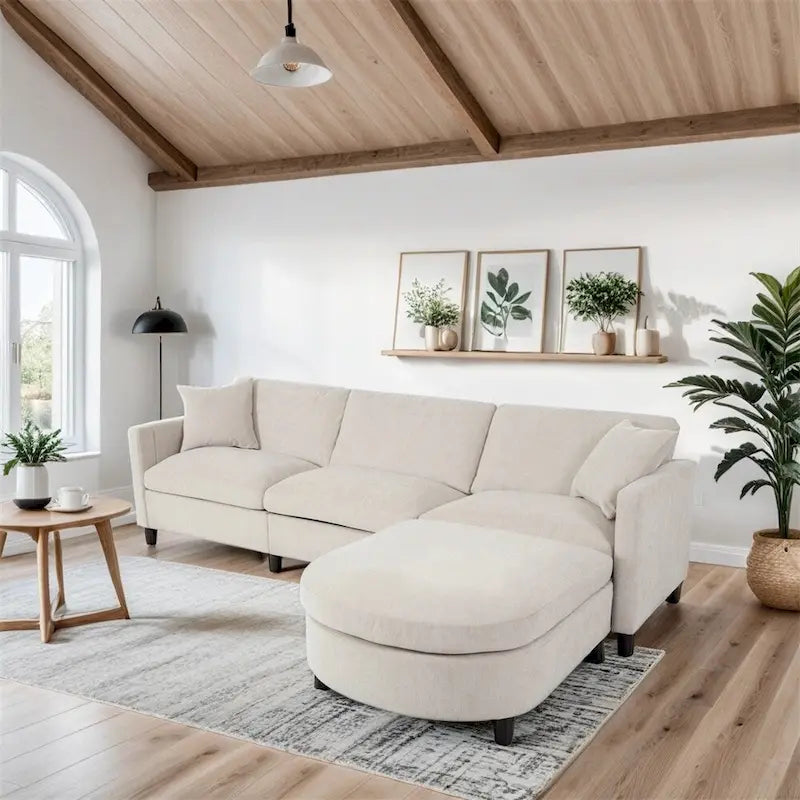 Divano componibile moderno 108 in tessuto con pouf e cuscini