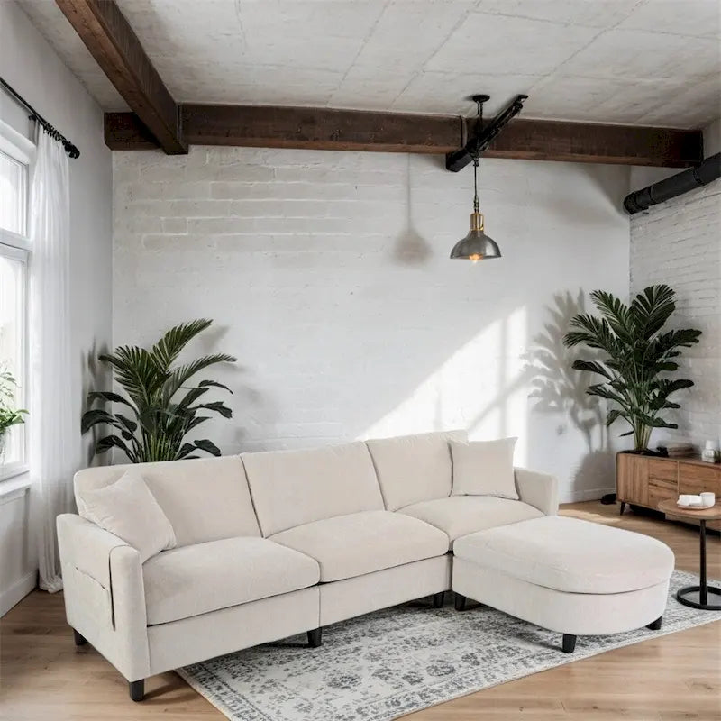 Divano componibile moderno 108 in tessuto con pouf e cuscini