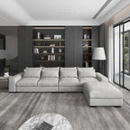 Divano angolare a L in lino largo 150 cm, divano sezionale moderno a 5 posti imbottito in piuma con pouf