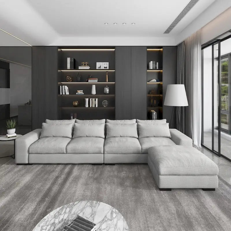 Divano angolare a L in lino largo 150 cm, divano sezionale moderno a 5 posti imbottito in piuma con pouf